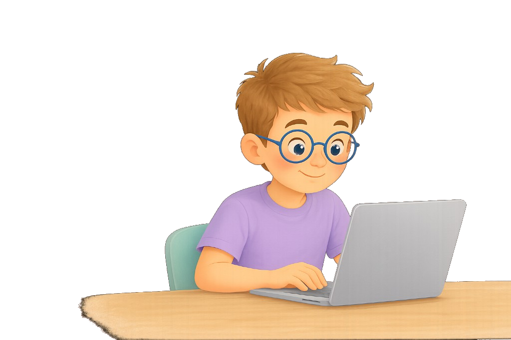 Soft 3D-style illustration of a student with round blue glasses working at a laptop on a wooden desk, friendly edtech aesthetic.