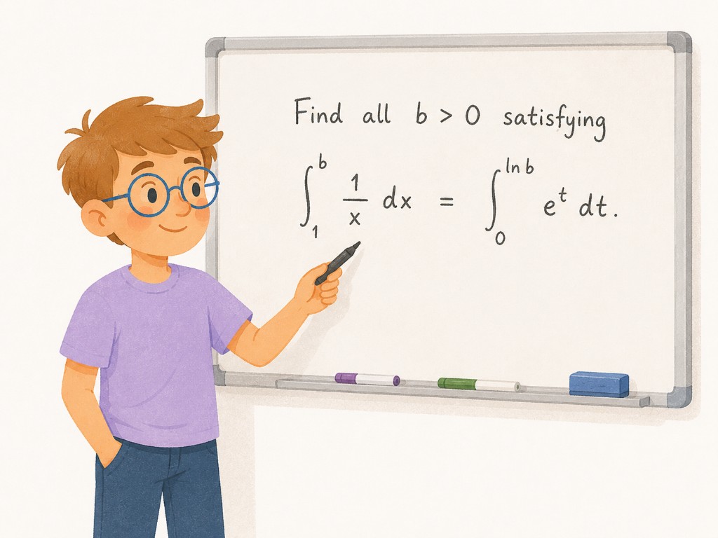 Illustration of a student at a whiteboard working through an advanced math problem, friendly pastel style.